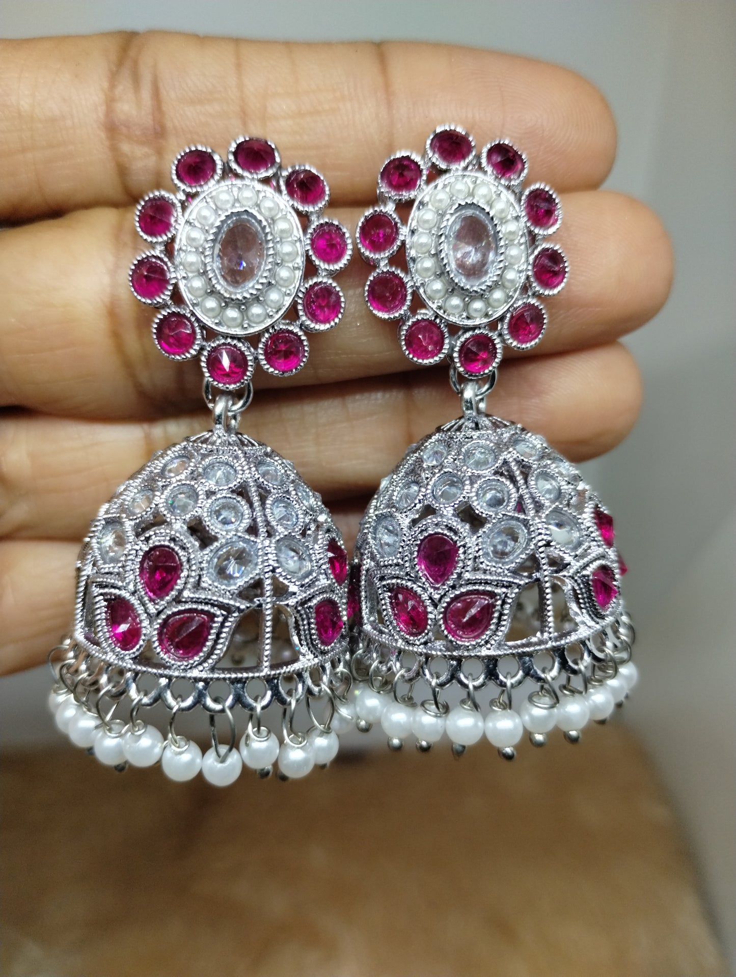 Floral Oxidised Stone Jhumka Earrings with Pearl Drops