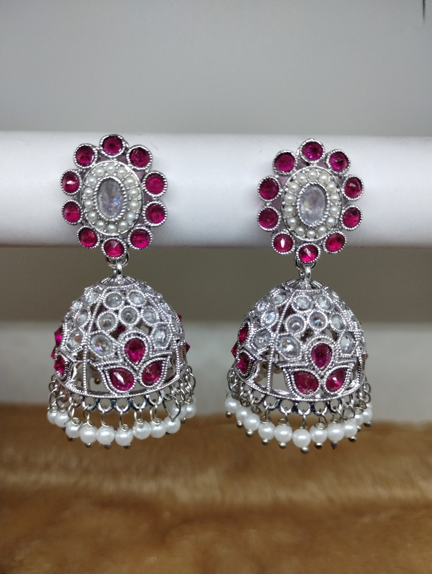 Floral Oxidised Stone Jhumka Earrings with Pearl Drops