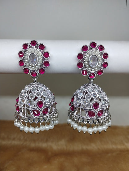 Floral Oxidised Stone Jhumka Earrings with Pearl Drops