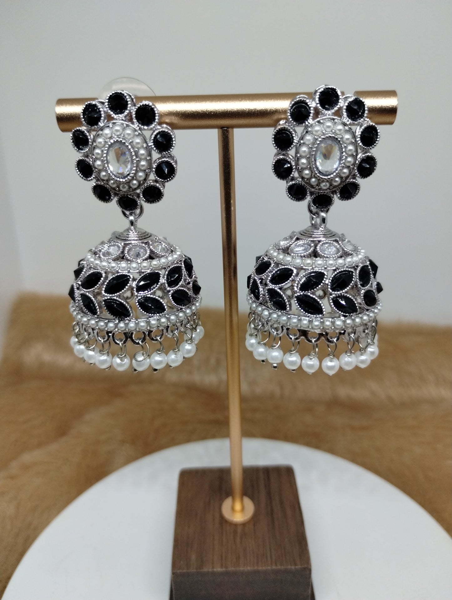 Floral Oxidised Stone Jhumka Earrings with Pearl Drops
