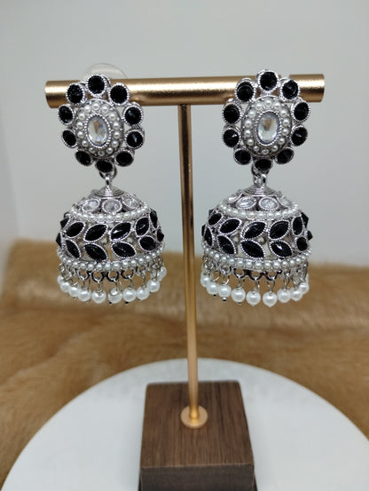 Floral Oxidised Stone Jhumka Earrings with Pearl Drops