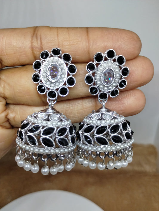 Floral Oxidised Stone Jhumka Earrings with Pearl Drops