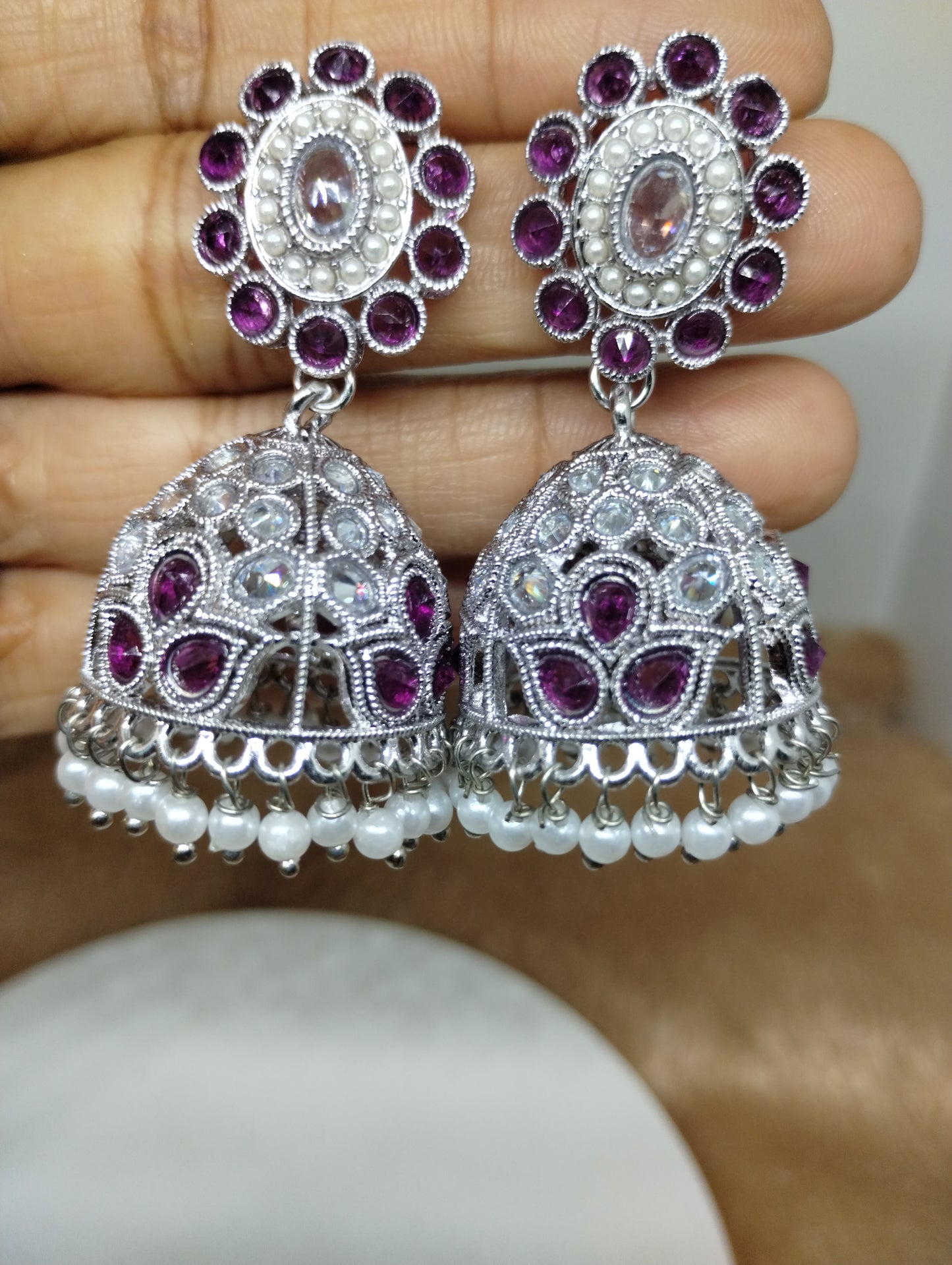 Floral Oxidised Stone Jhumka Earrings with Pearl Drops