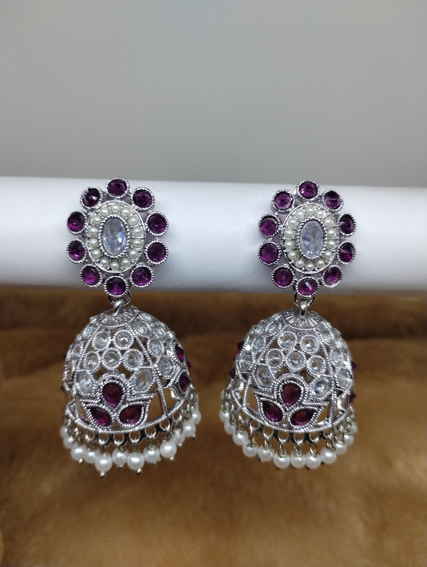 Floral Oxidised Stone Jhumka Earrings with Pearl Drops