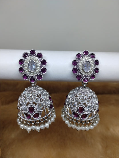 Floral Oxidised Stone Jhumka Earrings with Pearl Drops