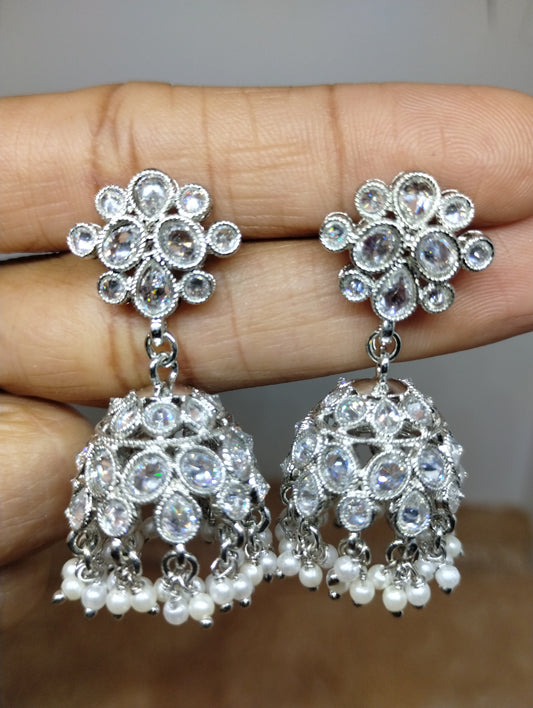Floral Oxidised Stone Jhumka Earrings with Pearl Drops