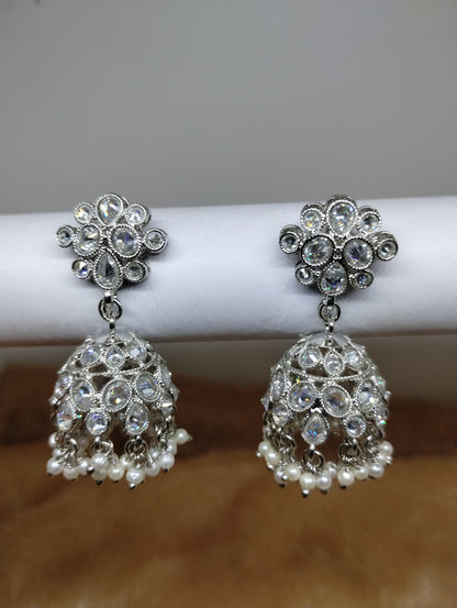 Floral Oxidised Stone Jhumka Earrings with Pearl Drops