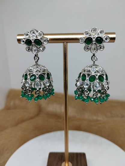 Floral Oxidised Stone Jhumka Earrings with Pearl Drops