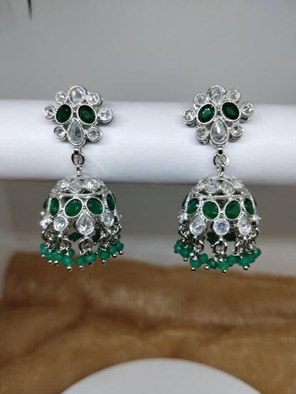 Floral Oxidised Stone Jhumka Earrings with Pearl Drops