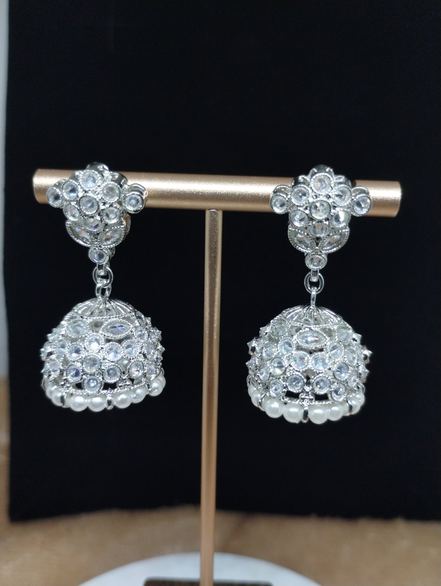 Floral Oxidised Stone Jhumka Earrings with Pearl Drops