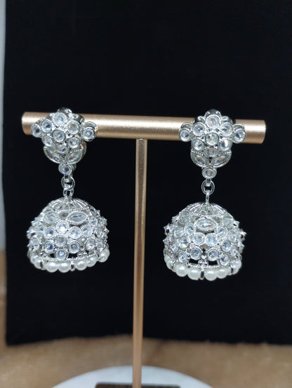 Floral Oxidised Stone Jhumka Earrings with Pearl Drops