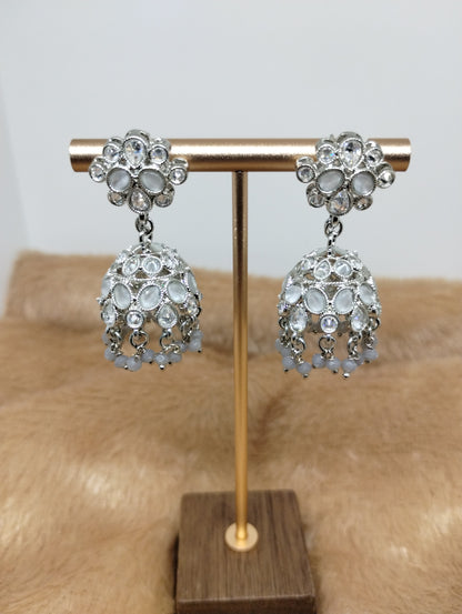 Floral Oxidised Stone Jhumka Earrings with Pearl Drops
