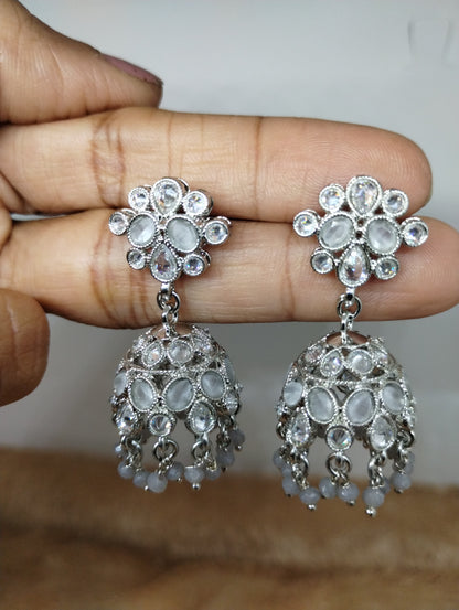 Floral Oxidised Stone Jhumka Earrings with Pearl Drops