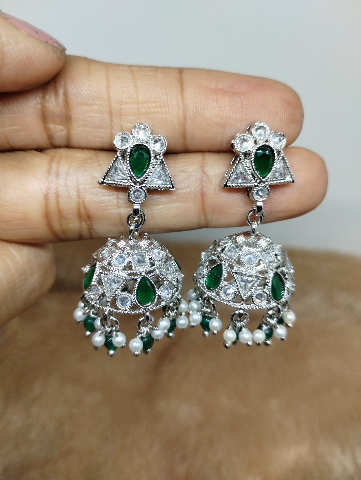 Floral Oxidised Stone Jhumka Earrings with Pearl Drops