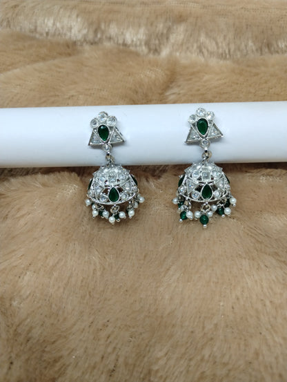 Floral Oxidised Stone Jhumka Earrings with Pearl Drops