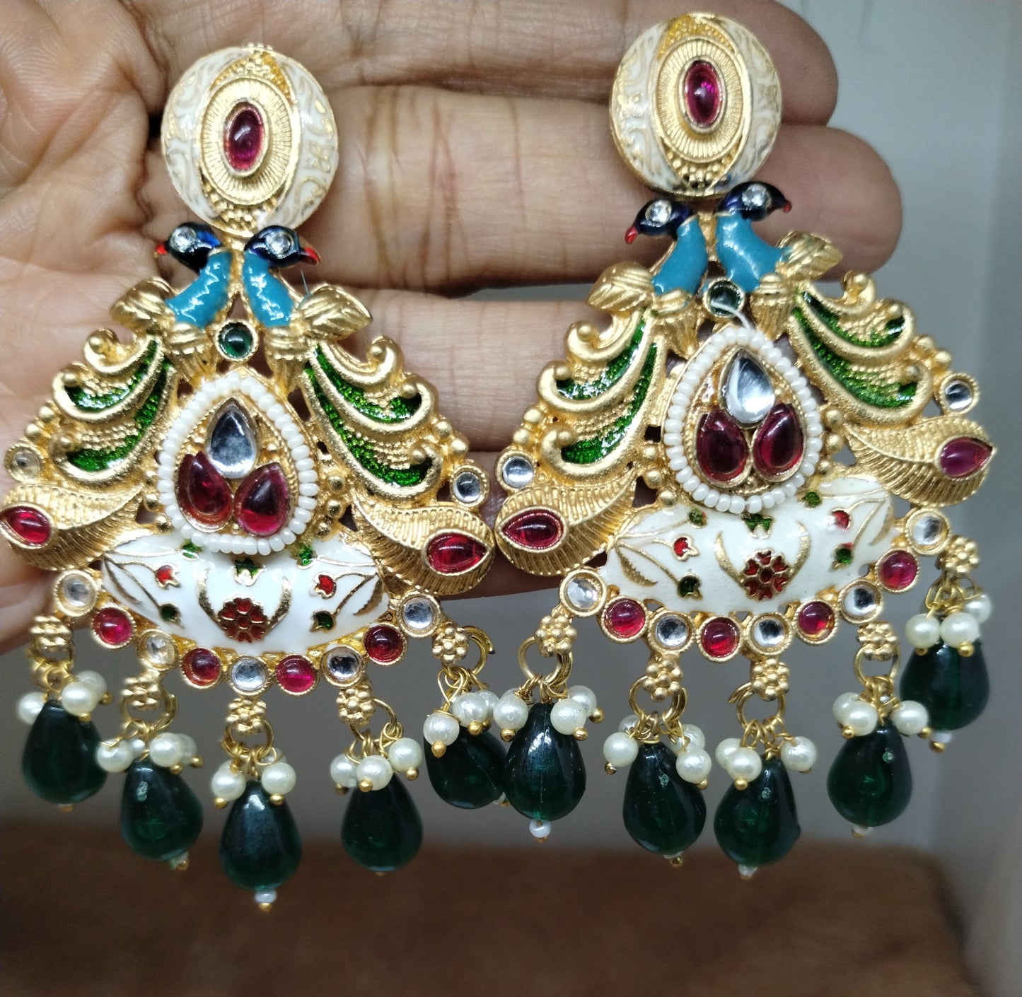 Meenakari Chandbali Earrings with Pearl & Green Bead Drops