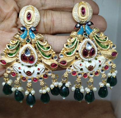 Meenakari Chandbali Earrings with Pearl & Green Bead Drops