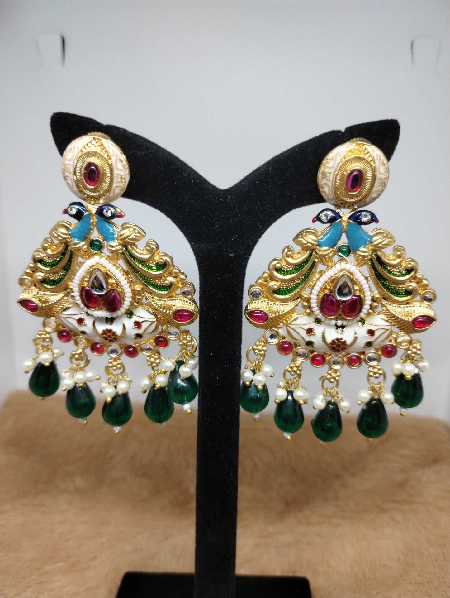 Meenakari Chandbali Earrings with Pearl & Green Bead Drops