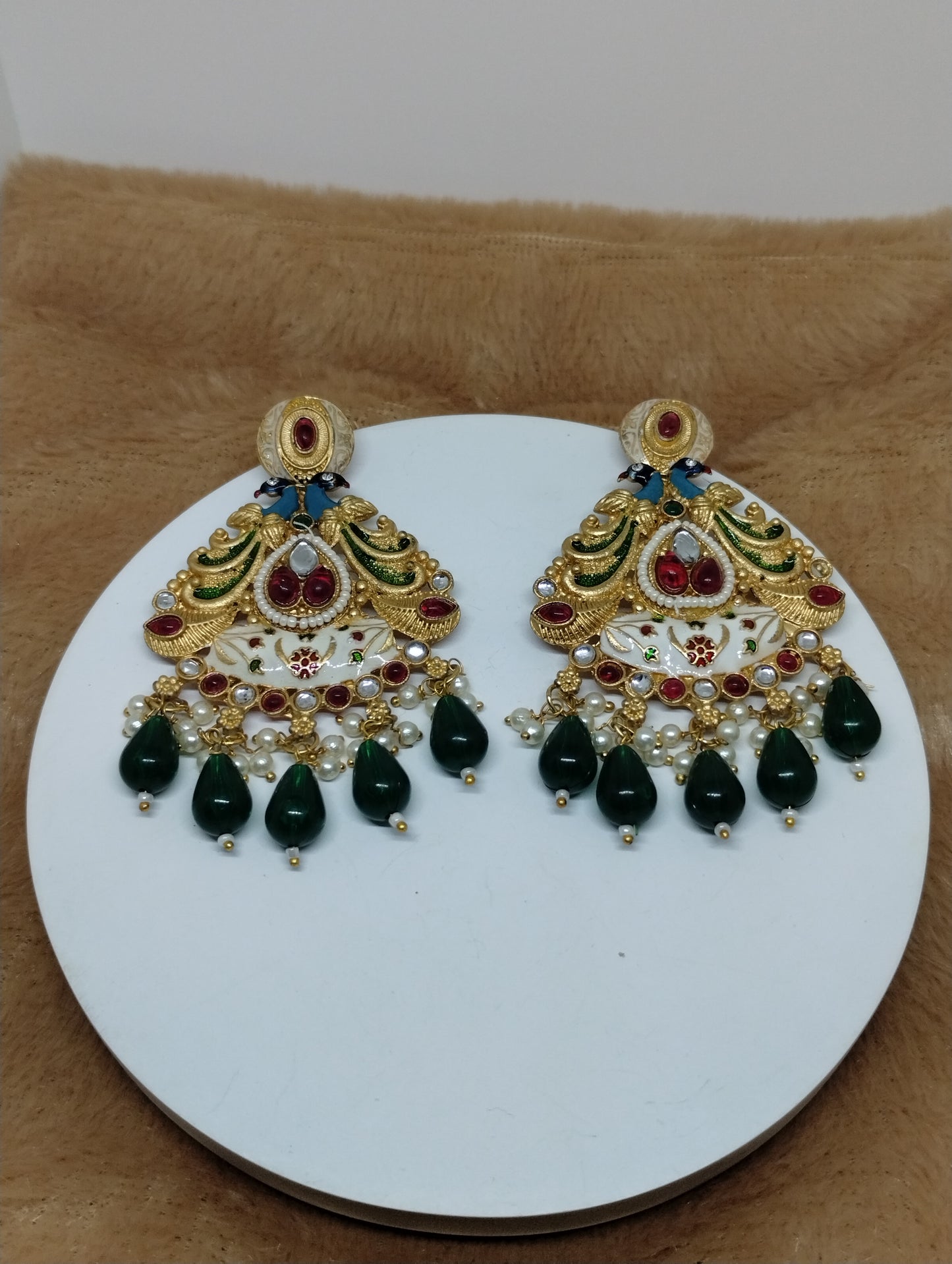 Meenakari Chandbali Earrings with Pearl & Green Bead Drops