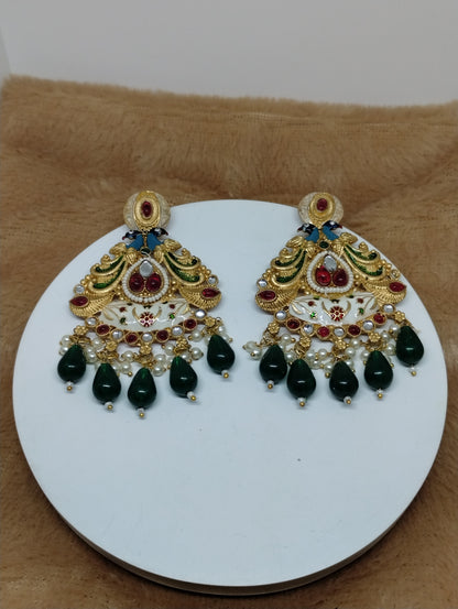 Meenakari Chandbali Earrings with Pearl & Green Bead Drops