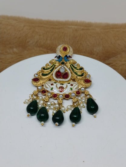 Meenakari Chandbali Earrings with Pearl & Green Bead Drops