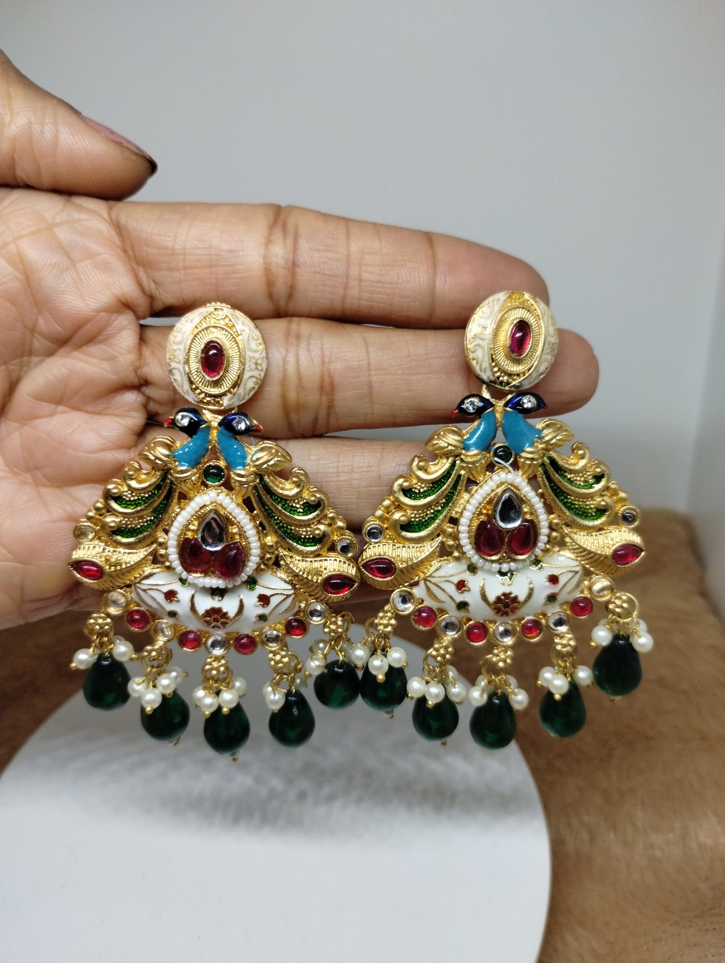 Meenakari Chandbali Earrings with Pearl & Green Bead Drops