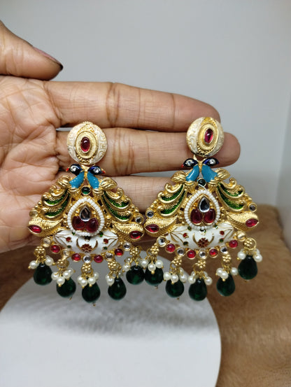 Meenakari Chandbali Earrings with Pearl & Green Bead Drops