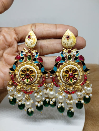 Meenakari Chandbali Earrings with Pearl & Green Bead Drops