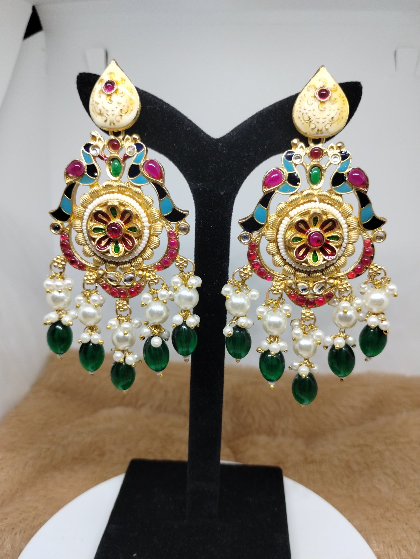 Meenakari Chandbali Earrings with Pearl & Green Bead Drops