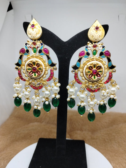 Meenakari Chandbali Earrings with Pearl & Green Bead Drops