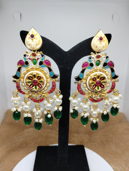 Meenakari Chandbali Earrings with Pearl & Green Bead Drops