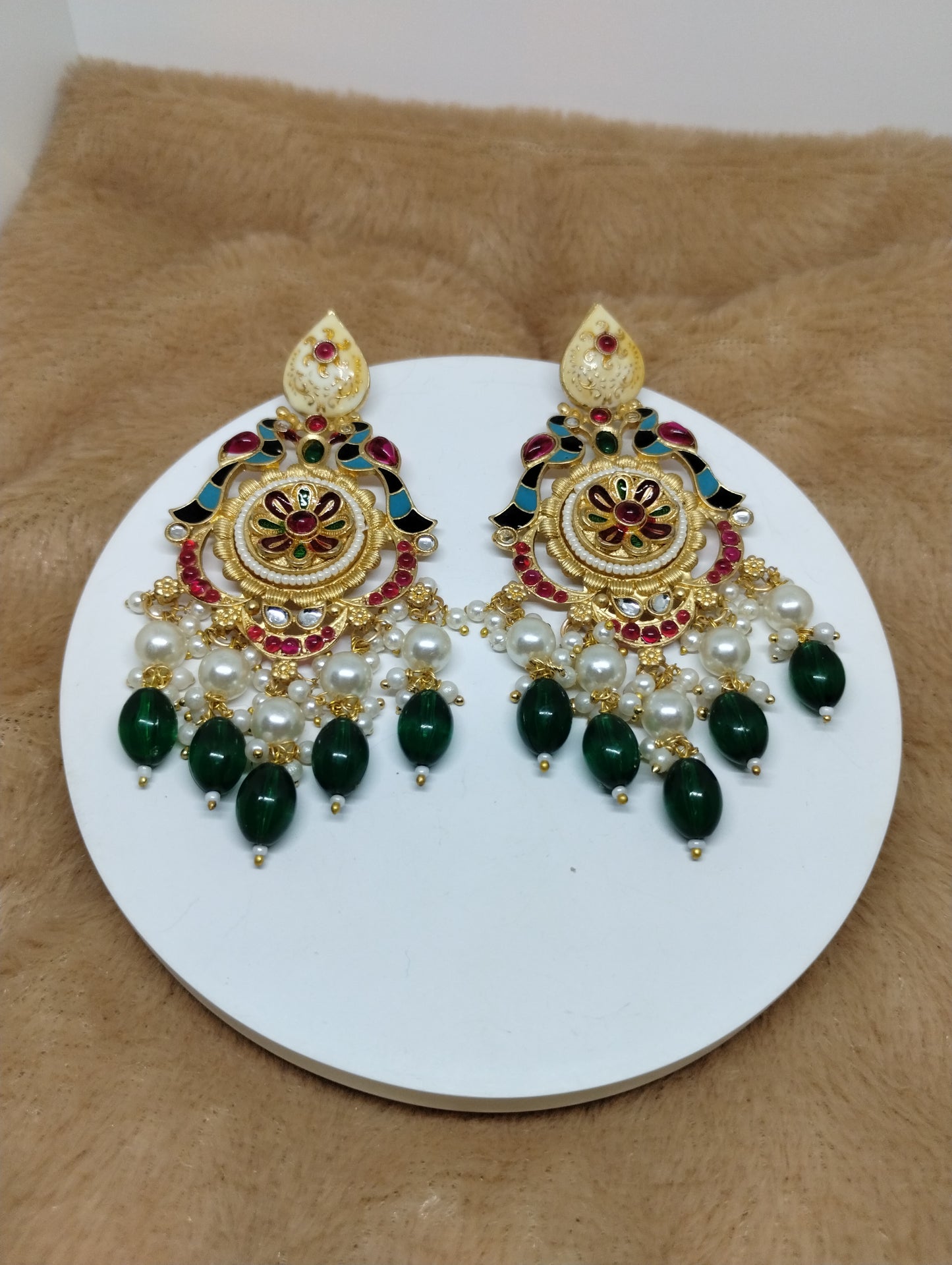 Meenakari Chandbali Earrings with Pearl & Green Bead Drops