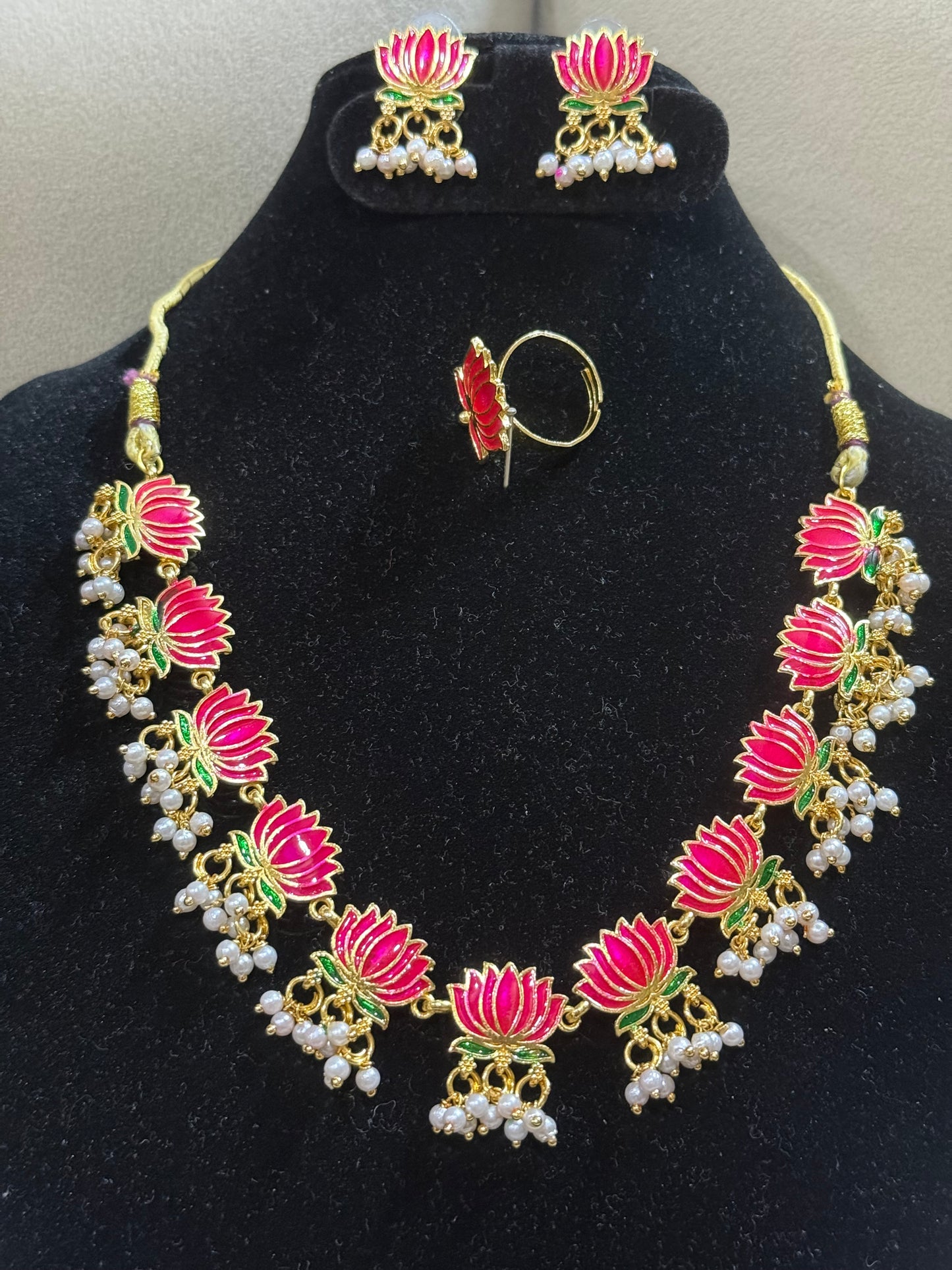 Pink Lotus Pearl Statement Necklace Set