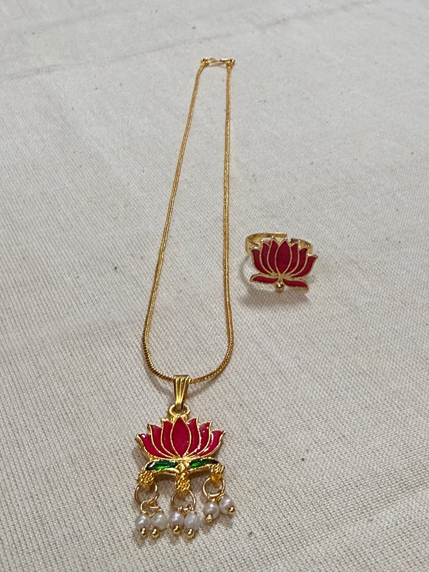 Lotus Enamel Pendant Chain with Pearl Drops & Adjustable Ring