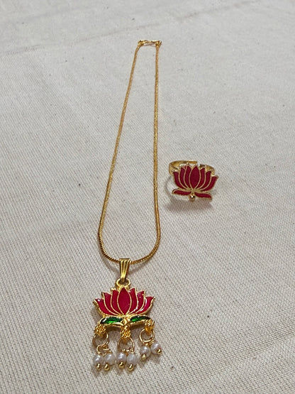 Lotus Enamel Pendant Chain with Pearl Drops & Adjustable Ring