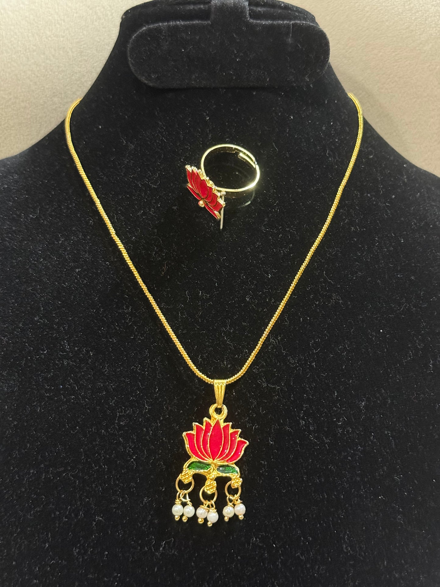 Lotus Enamel Pendant Chain with Pearl Drops & Adjustable Ring