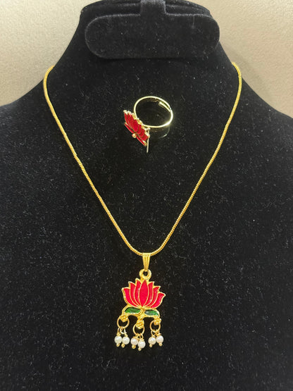 Lotus Enamel Pendant Chain with Pearl Drops & Adjustable Ring