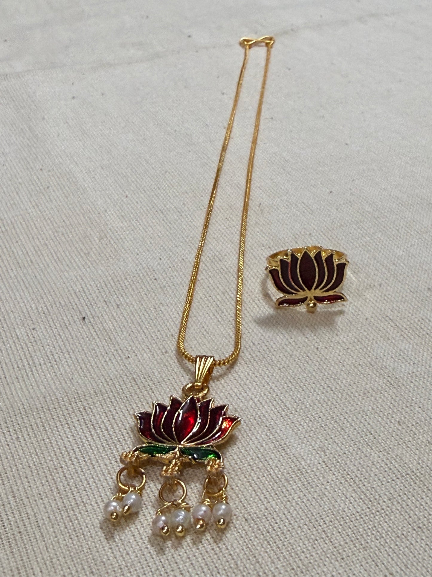 Lotus Enamel Pendant Chain with Pearl Drops & Adjustable Ring