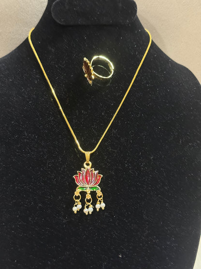 Lotus Enamel Pendant Chain with Pearl Drops & Adjustable Ring