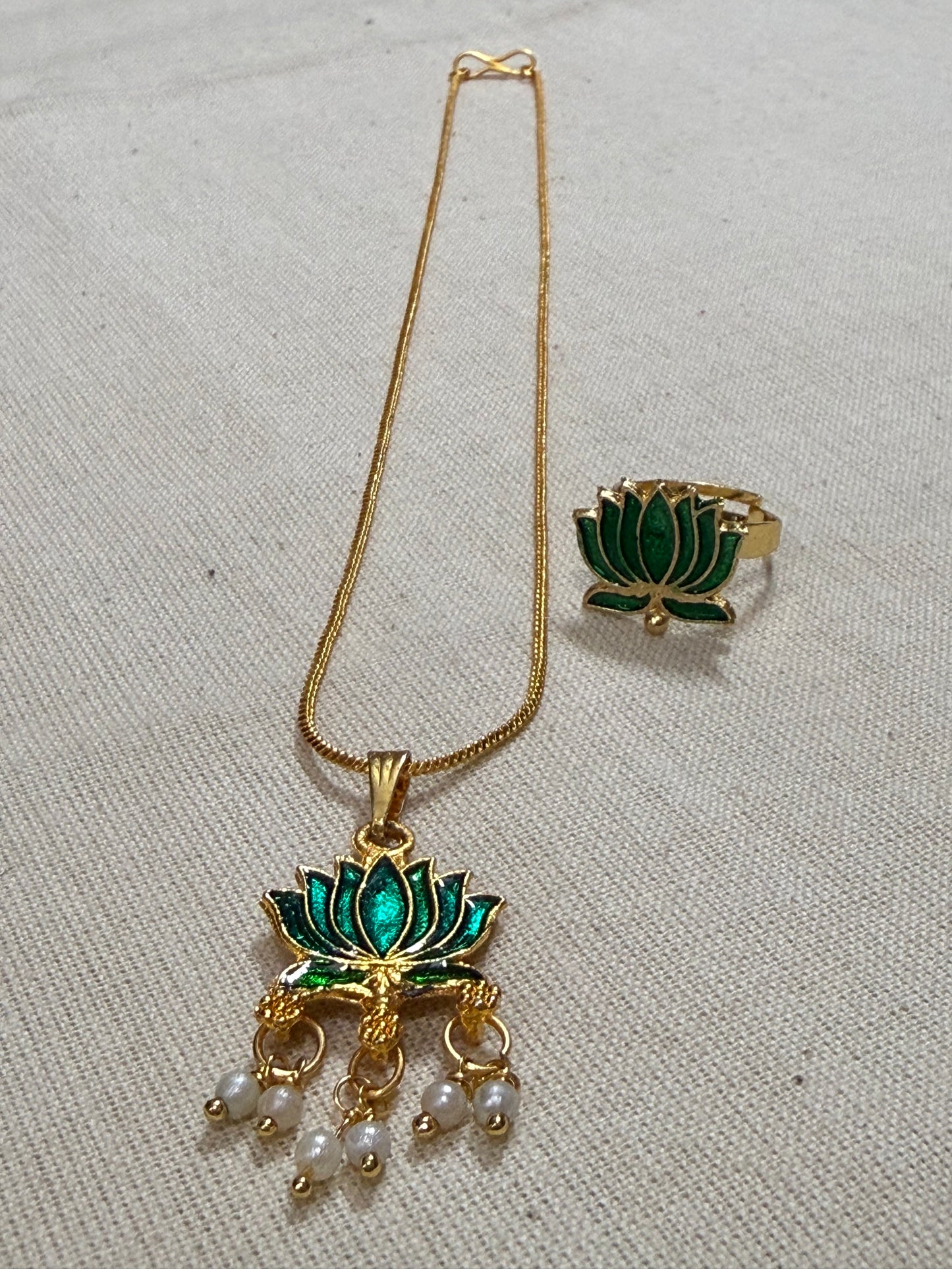 Lotus Enamel Pendant Chain with Pearl Drops & Adjustable Ring
