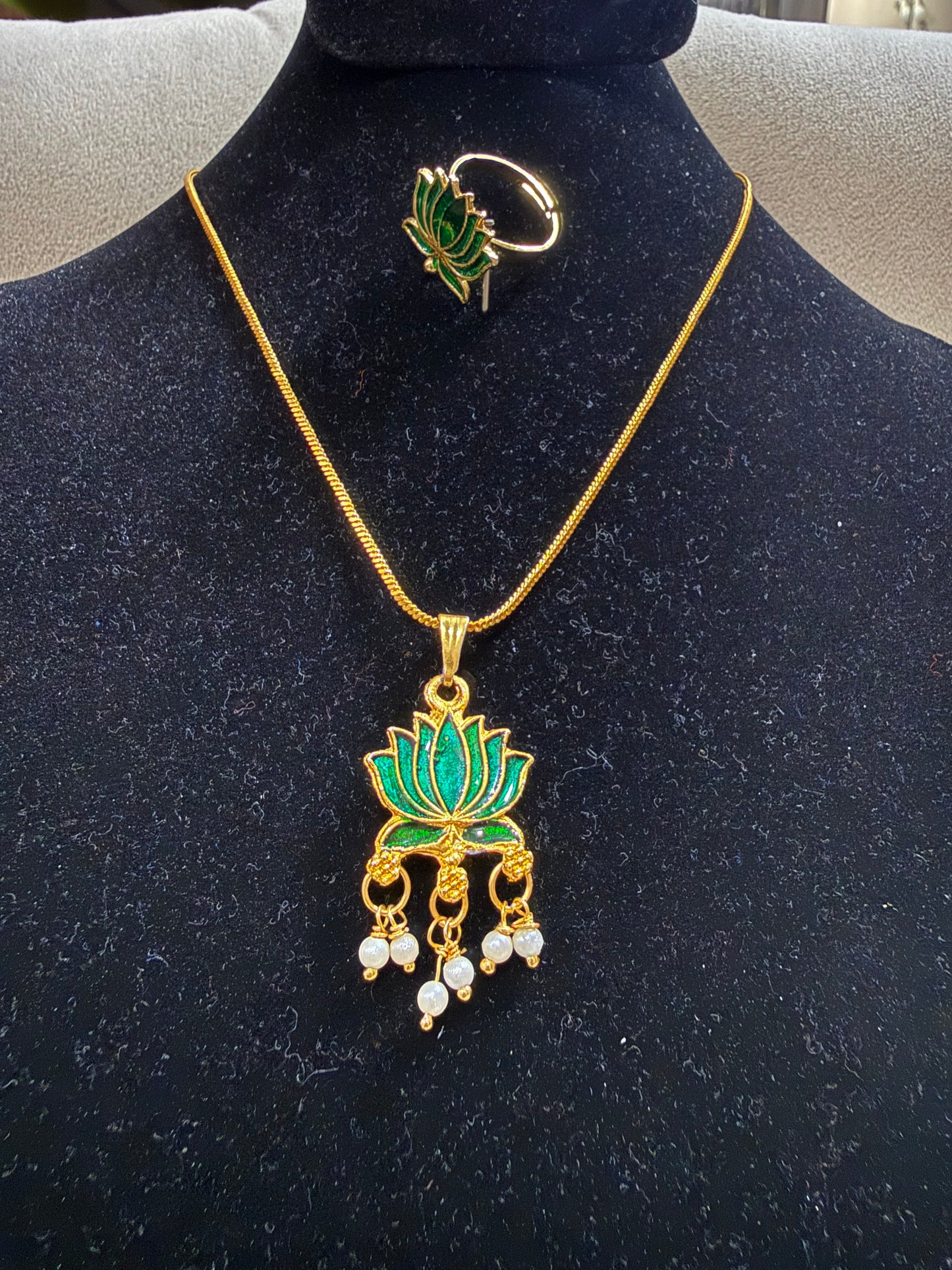 Lotus Enamel Pendant Chain with Pearl Drops & Adjustable Ring