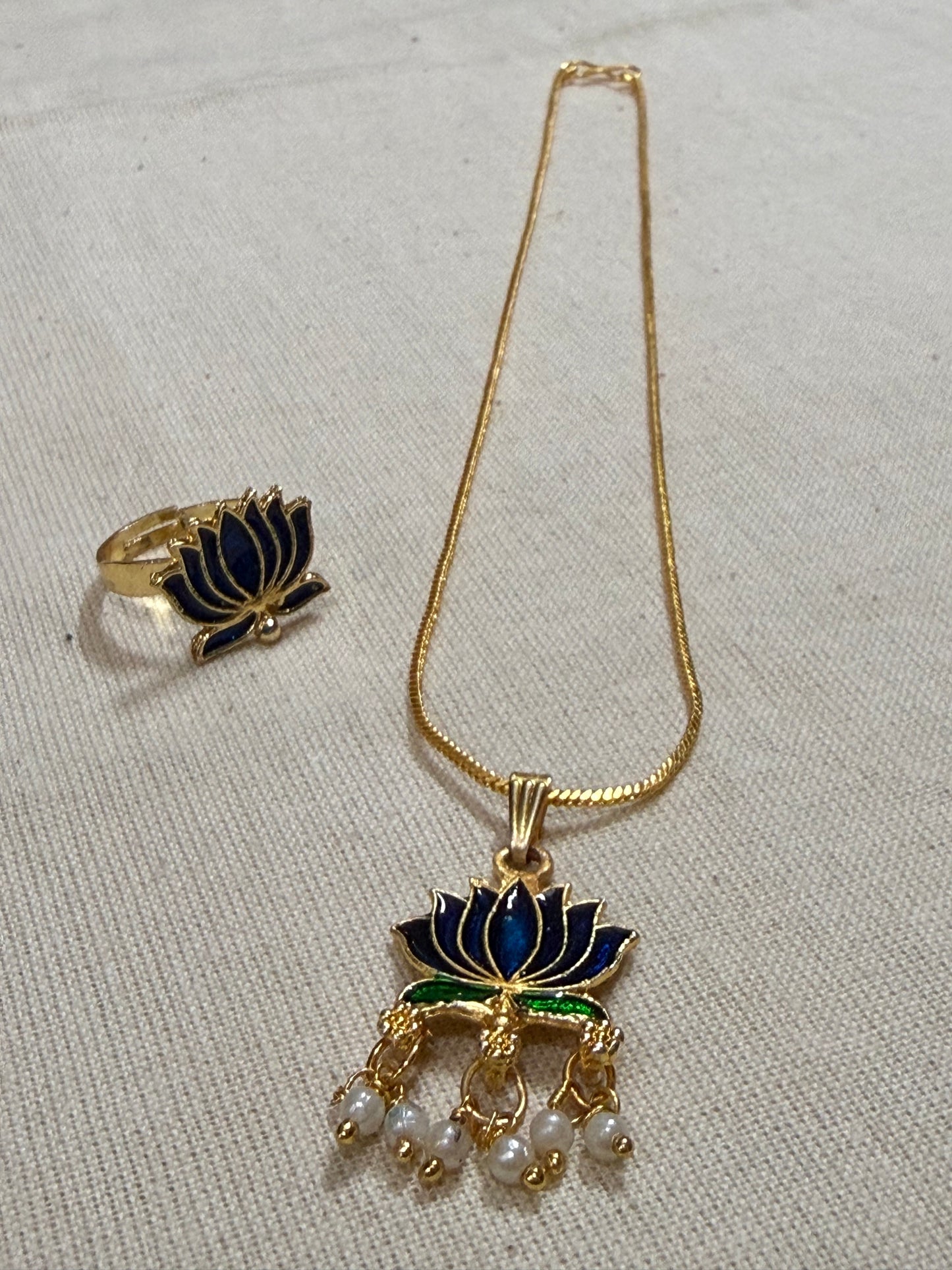 Lotus Enamel Pendant Chain with Pearl Drops & Adjustable Ring
