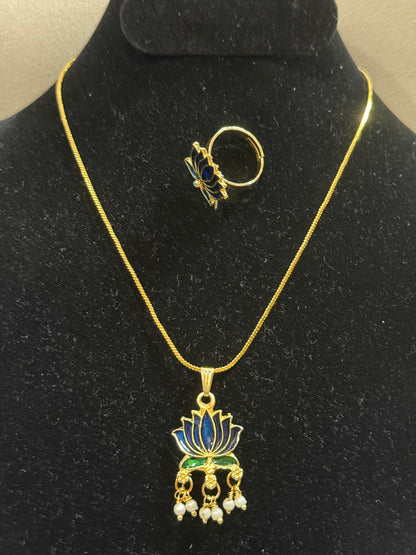 Lotus Enamel Pendant Chain with Pearl Drops & Adjustable Ring
