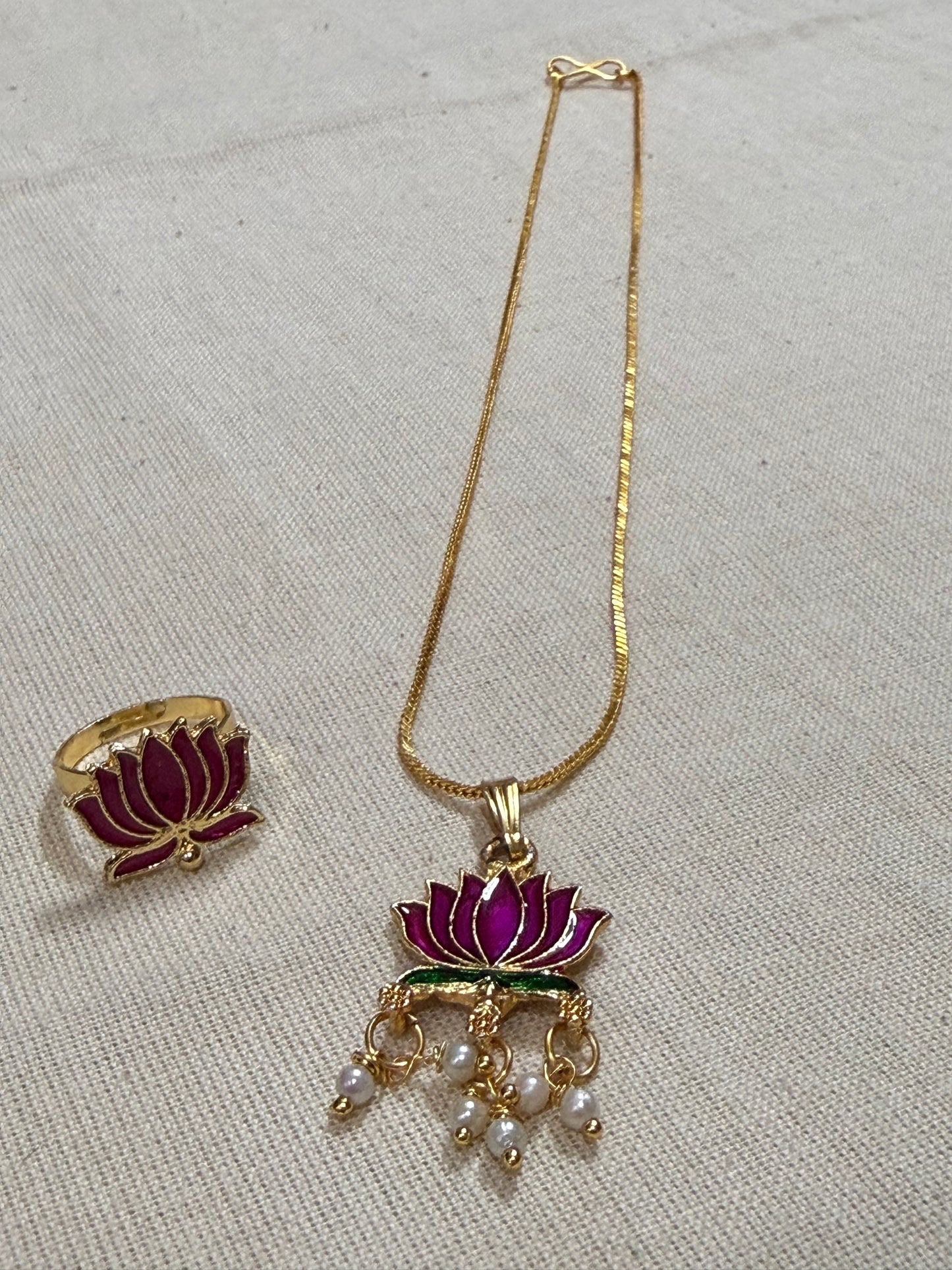 Lotus Enamel Pendant Chain with Pearl Drops & Adjustable Ring