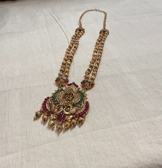 Temple Heritage Pendant Necklace–Pink & Green Stone Work