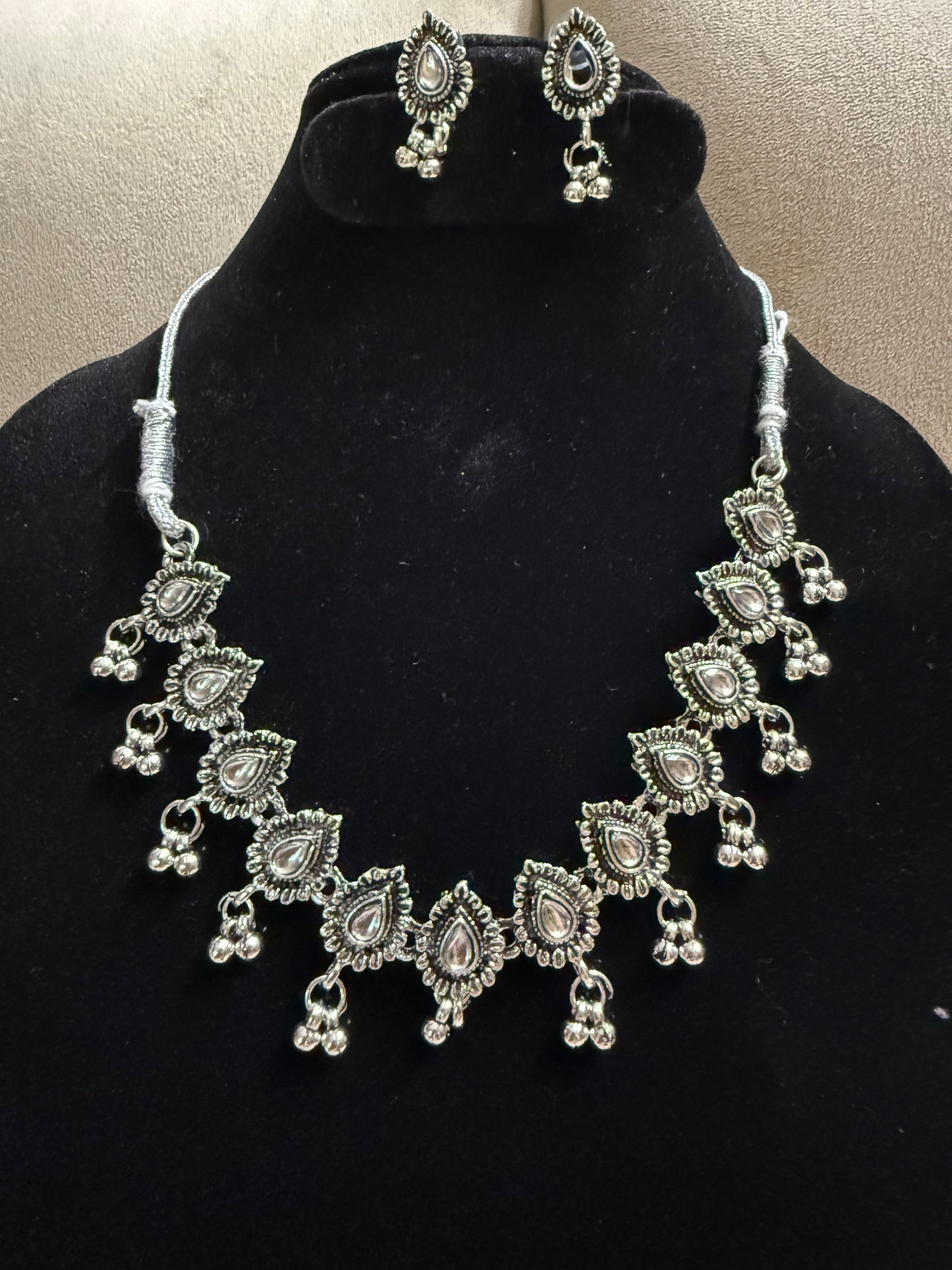 Oxidised Teardrop Statement Necklace Set with Earrings