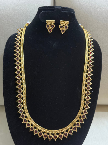 Heart Long Necklace Set with Earrings–Antique Gold Finish