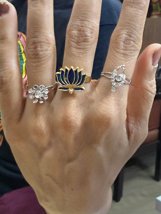 Blue Lotus Bloom Adjustable Ring Set (Set of 3)