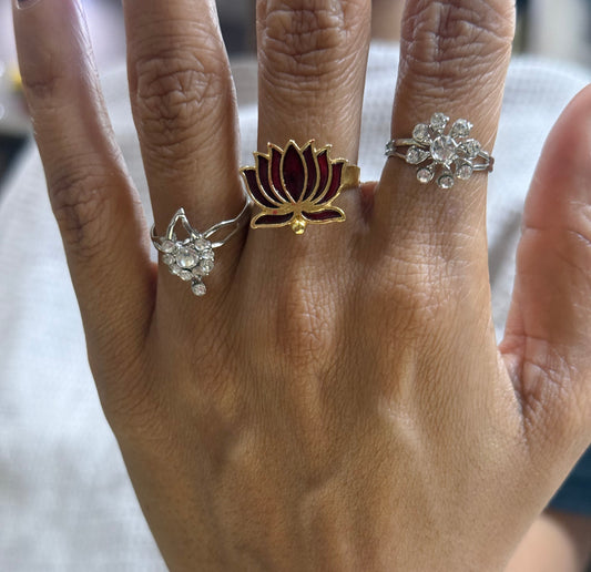 Ruby Red Lotus Elegance Adjustable Ring Set (Set of 3)