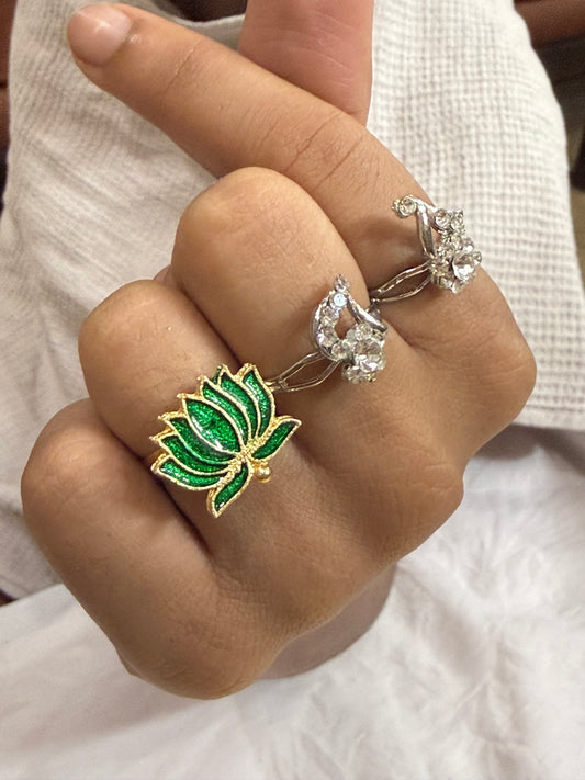 Emerald Lotus Spark Adjustable Ring Set (Set of 3)